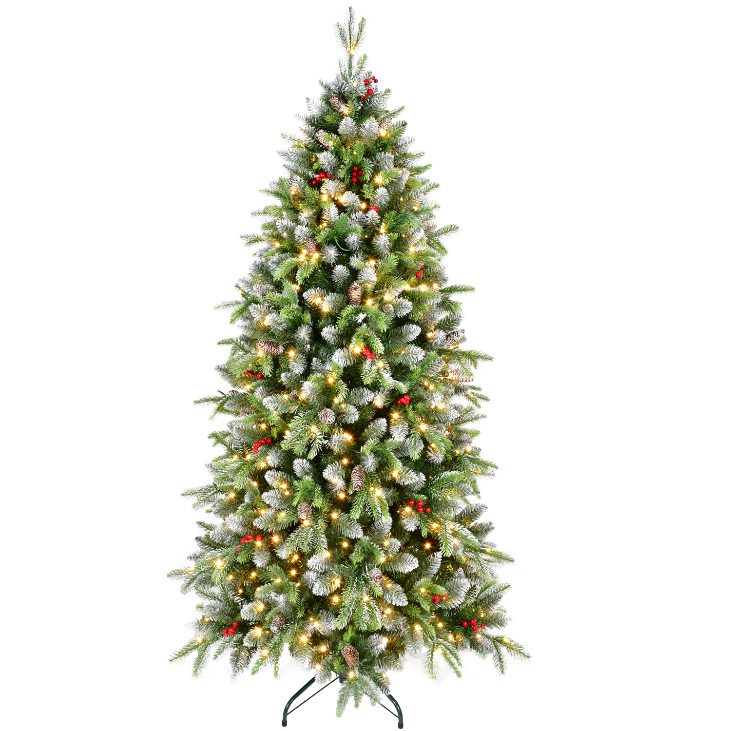 PVC & PE Mixed Warm White Christmas Tree with Red Berries and Natural Pine Cones - 6 Feet