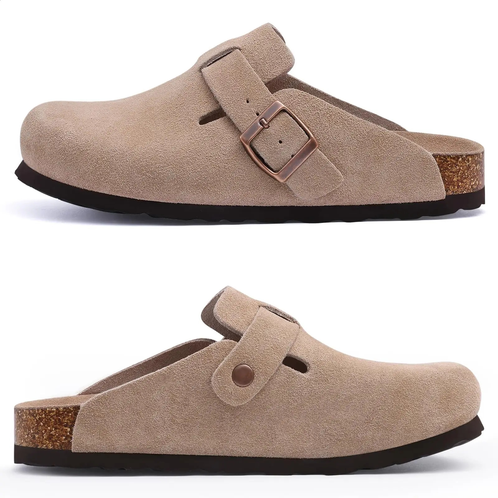compaik Fashion Clogs Slippers For Women Classic Suede Men Mules Cork Footbed Leather Potato Shoes With Arch Support Beach Slide 800907