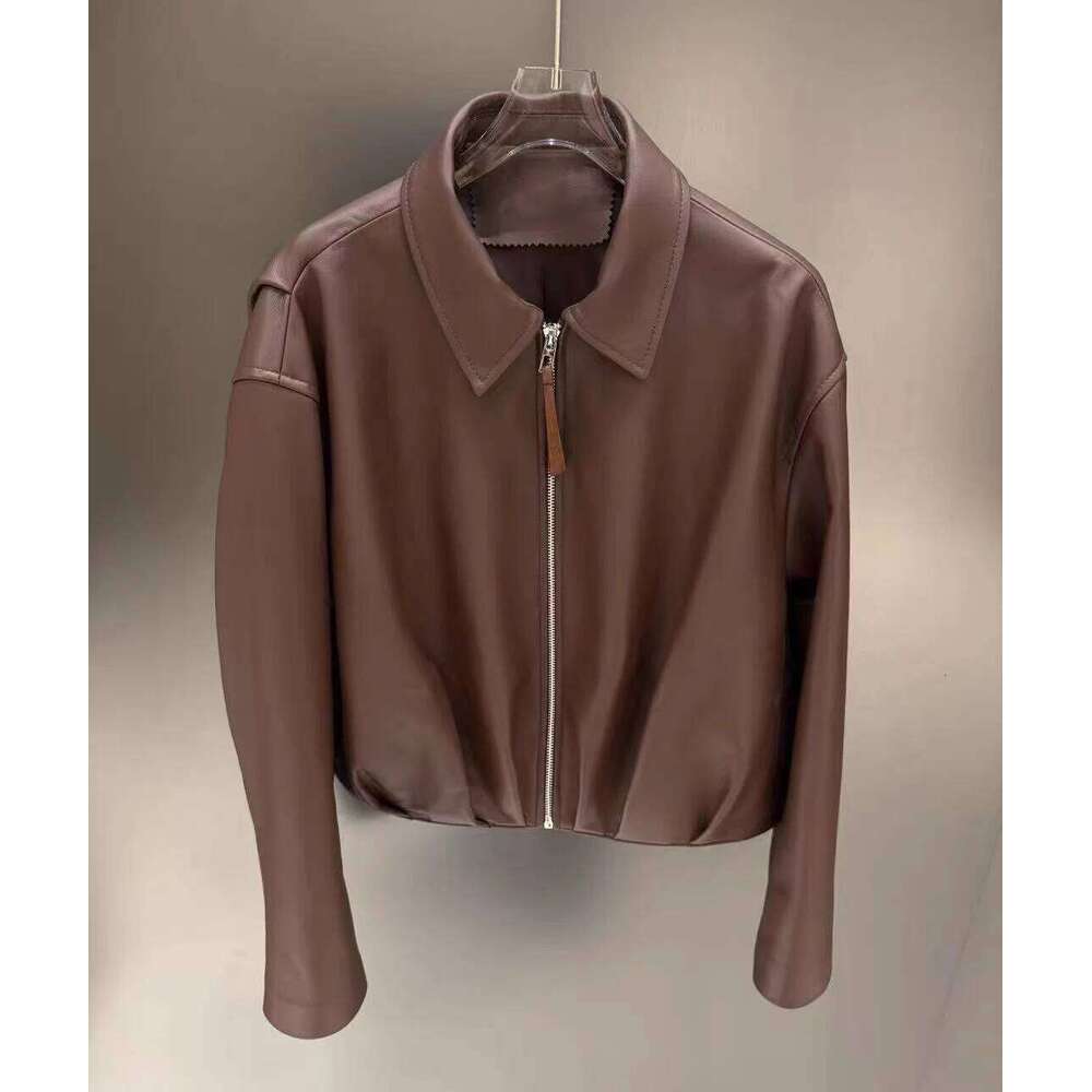 Natural Jacket For Women Lambskin Bomber Biker Jacket Long Sleeves 100% Sheepskin Leather Coat Folded Short Tops Woman