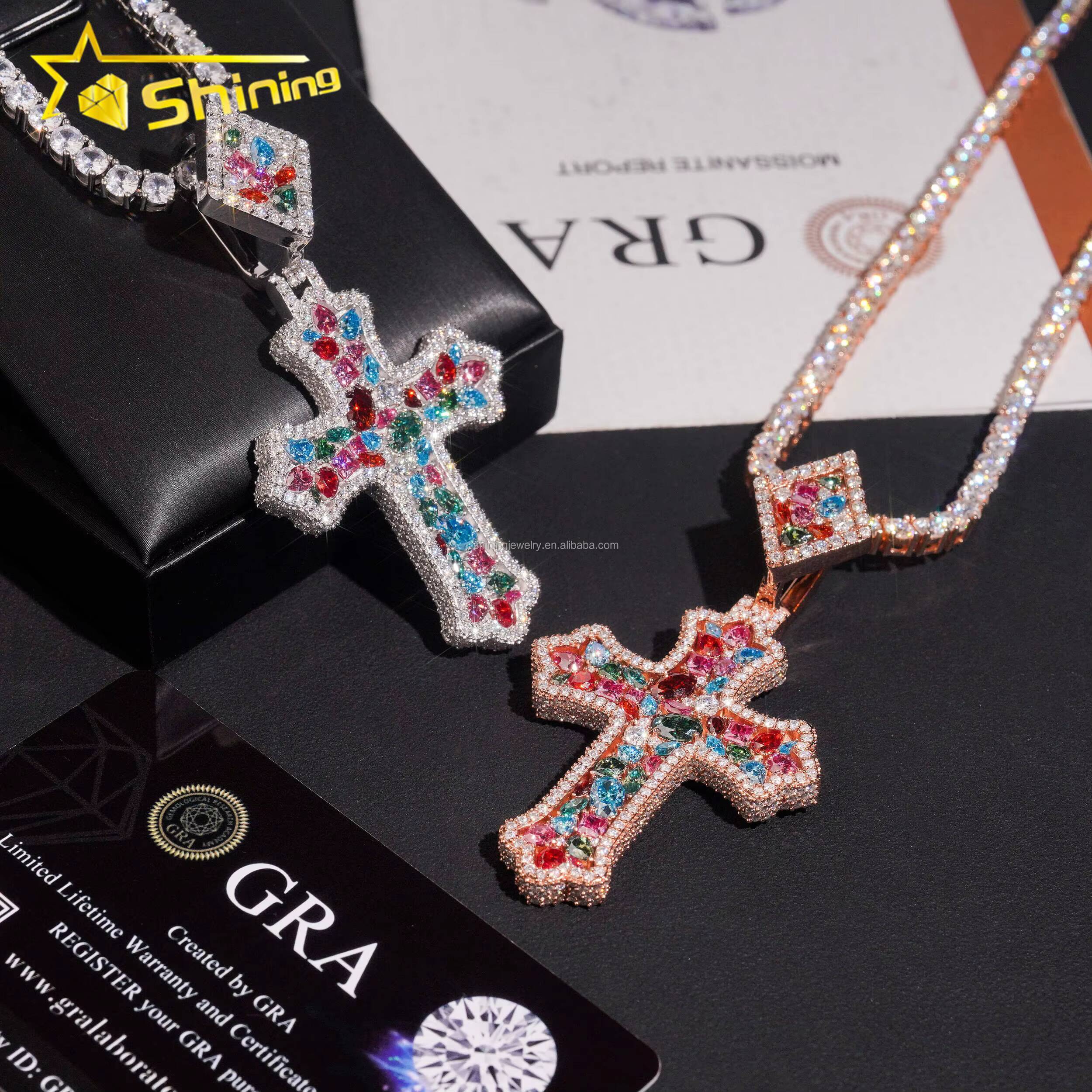 Pass Diamond Tester 100 Hip Hop Stylish Rapper Jewelry Colorful Pear Moissanite Diamond S925 Silver Iced Out Man Cross Pendant