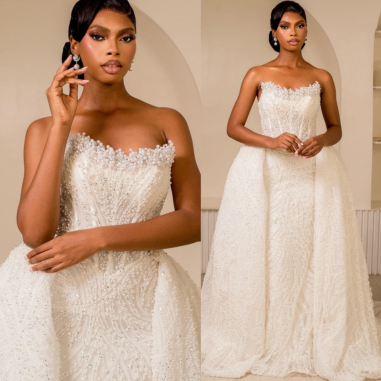 2025 Aso Ebi Plus Size Ivory Mermaid Wedding Dress Sweetheart Pearls Sequined Lace Detachable Train Vintage Bridal Gowns Dresses ZJ0459