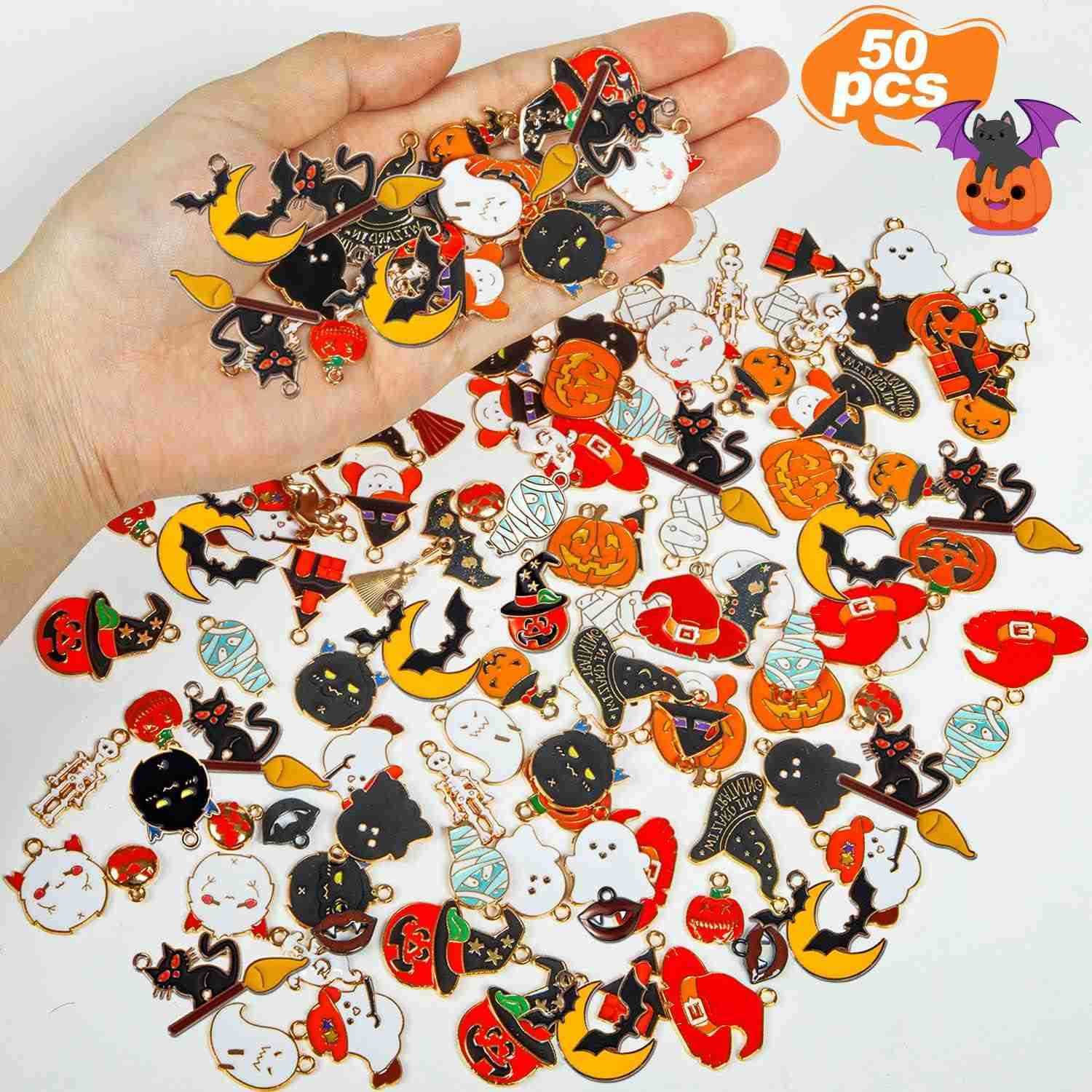 Halloween Charms Halloween Alloy Charm Enamel Pumpkin Witch hat Ghost Spider Bat Pendants Assorted Pendant Charms for Earring Jewelry MakingW250911