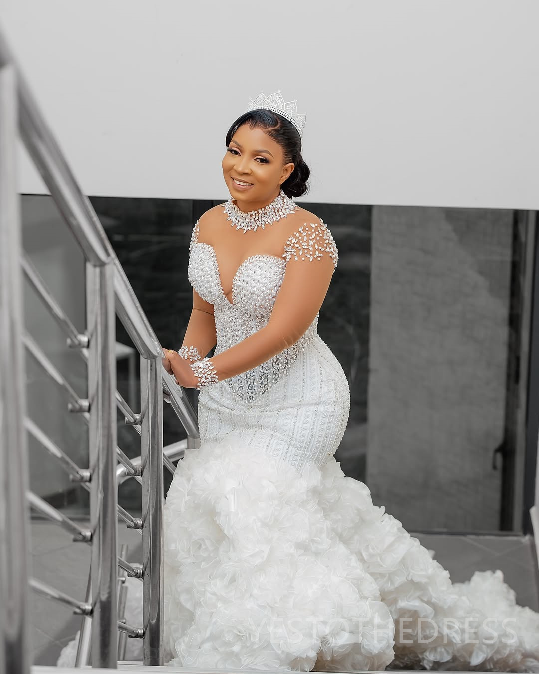 2025 Plus Size Aso Ebi Wedding Dress Bridal Gowns For Bride Mermaid High Neck Illusion Beaded Lace Pearls Ruffles Tiers Rhinestones Wedding Gowns For 