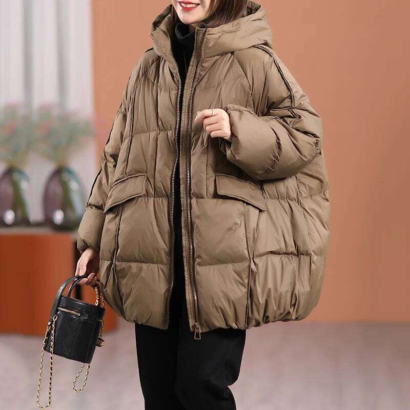 Lagabogy 2025 New Winter Women White Duck Down Jacket Hooded Warm Oversize Puffer Coat Female Casual Loose Parkas Pocket Outwear