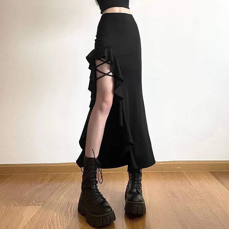 Nibber All-match Commuter Casual Young Girl Summer New Black Cross Simple Sexy Cool Breathable Soft Women's Knit Split Skirt dongdumaoyi