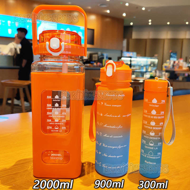Large Capacity Gradient Color Plastic Cup Threepiece Set Water Cup Portable Outdoor Sports Water Bottle Set Square Water Cup H250911