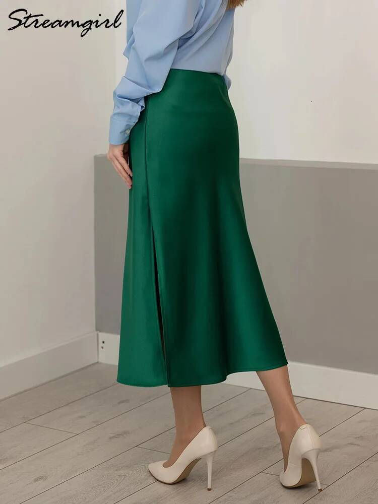 Satin Skirts Summer Black Formal Silk Office With Slit A Line Green Midi Skirt Bury Women Elegant dongdumaoyi