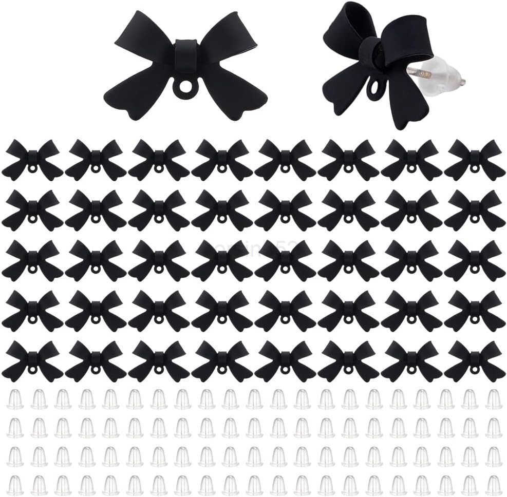 42Pcs Bow Stud Earrings 925 Sterling Silver Alloy Earring Post with Loop 84Pcs Backs Black Bowknot Stud Ear Findings for Women DIY Dangle Crafting Jew