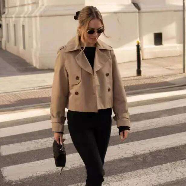 Ladies Vintage Cropped Trench Spring Autumn Jacket Women Streetwear Double Breasted Long Sleeve Top Female Chic Coat Outfits