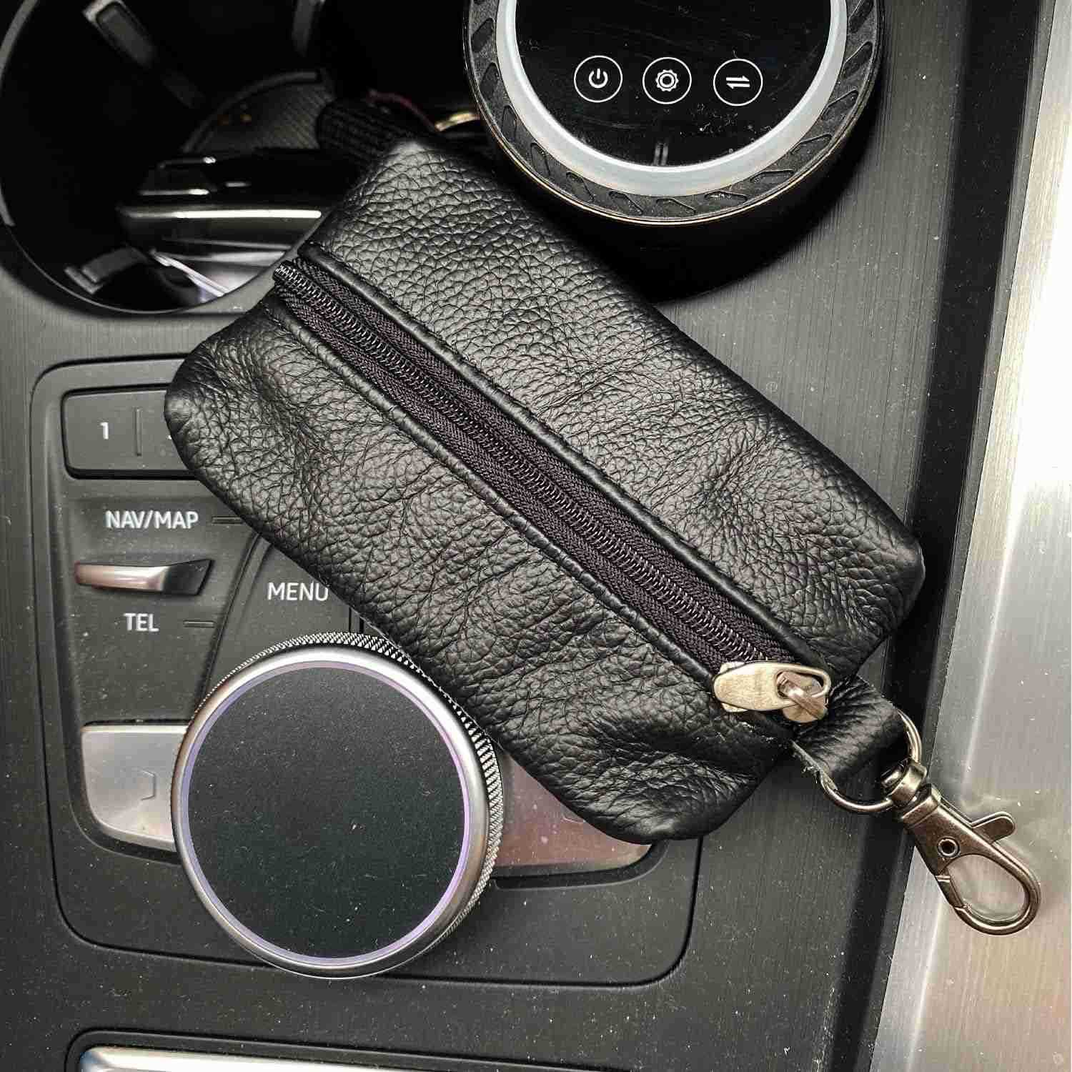 Unisex Genuine Leather Key Case Wallet Pouch Bag Keychain Holder with Key Ring Zipper BlackW250911