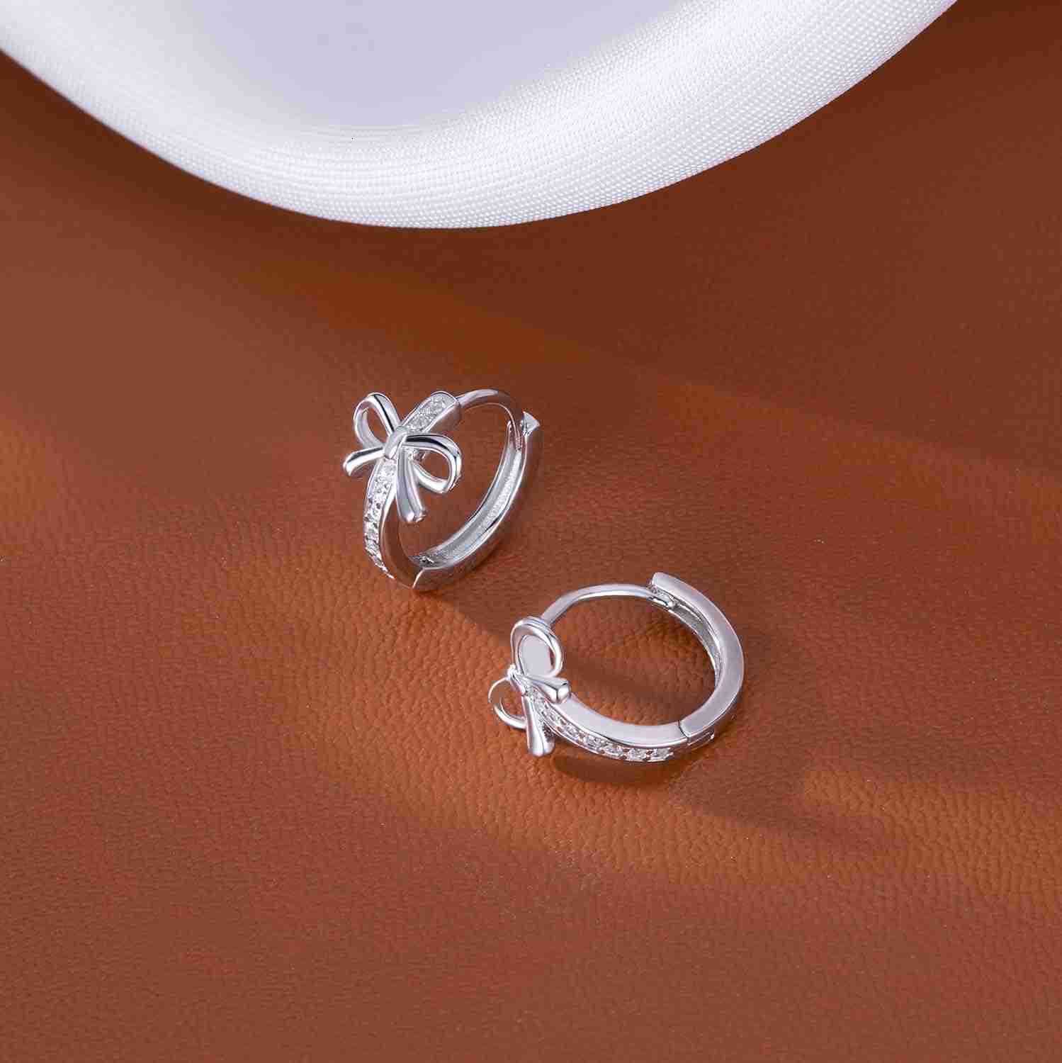 Solid 925 Sterling Silver CZ Bow Hoop Earrings Ribbon for Women Teen Girls Bowknot Hoop Earrings HuggieW250911