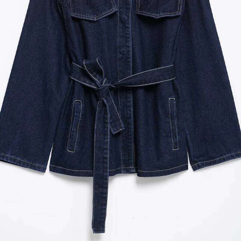 Willshela Women Fashion With Belt Denim Blue Single Breasted Jackets Vintage Lapel Neck Long Sleeves Female Chic Lady Outfits