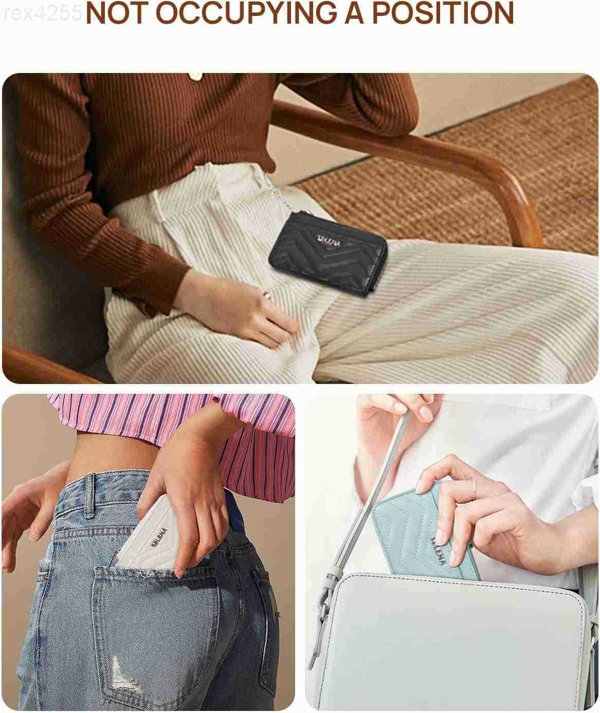 Slim Wallet Women RFID Blocking Credit Card Holder Leather Coin Purse with Silver Keychain BlueW250911