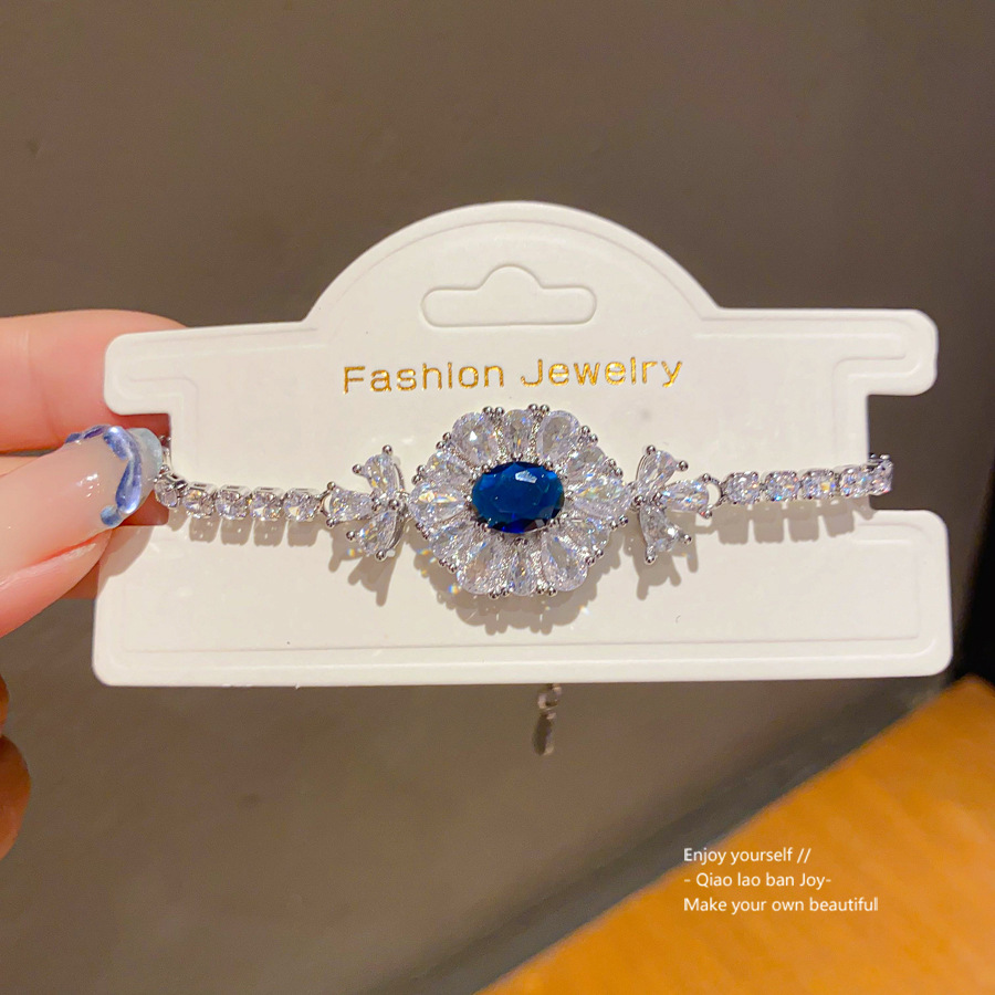 Silver - Toned Bracelet With Blue Oval Crystal, Surrounding Clear Crystal Flower Design Delicate Daily & Elegant Jewelry Gift For Her High - Quality A