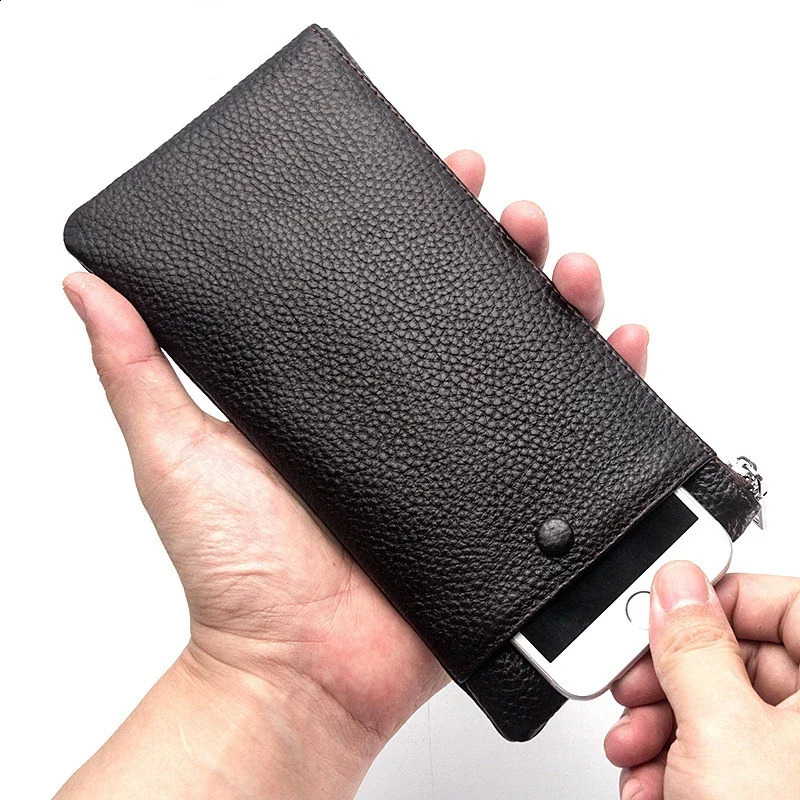 Men Long Wallets Genuine Leather Mens Slim Soft Zipper Purse Card Holder Phone Pocket Multifunctional Large Capacity Clutch250906