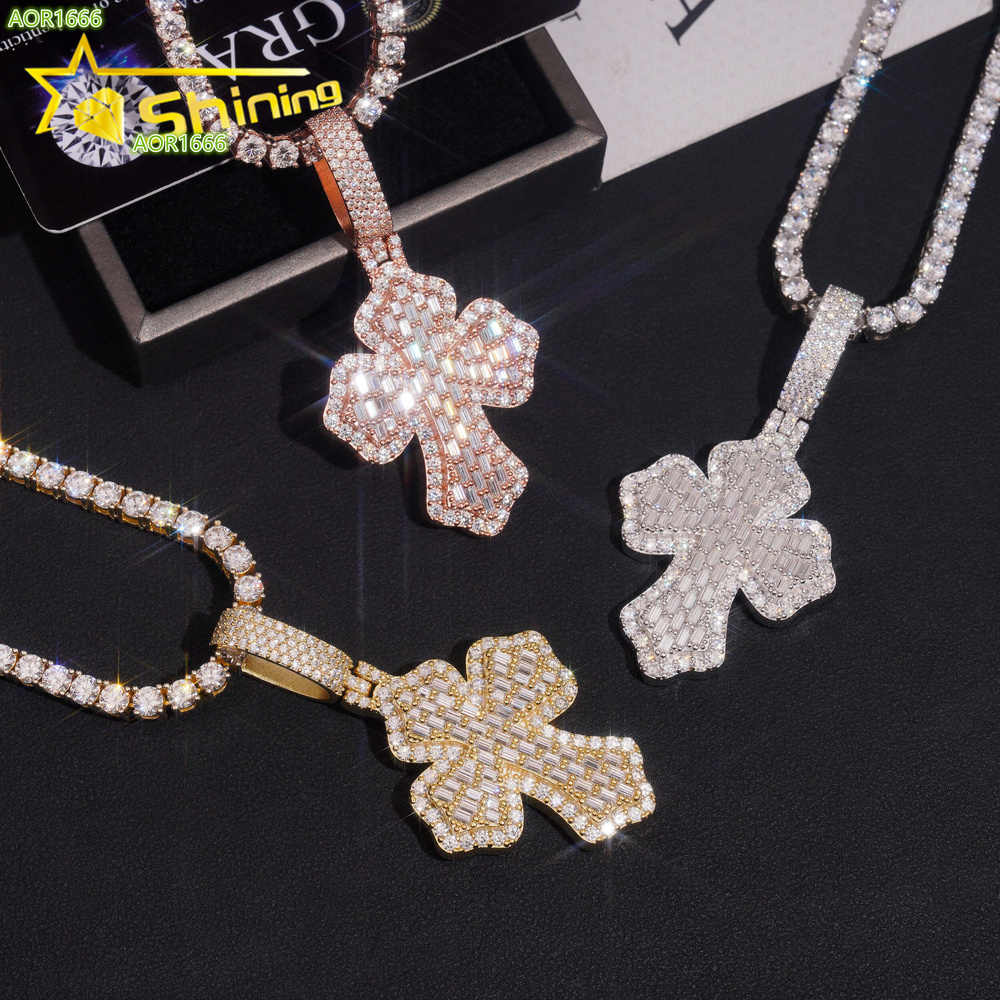 Factory Wholesale Price Hip Hop Jewelry 925 Sterling Silver D Color Men Necklace VVS Baguette Moissanite Iced Out Cross Pendant