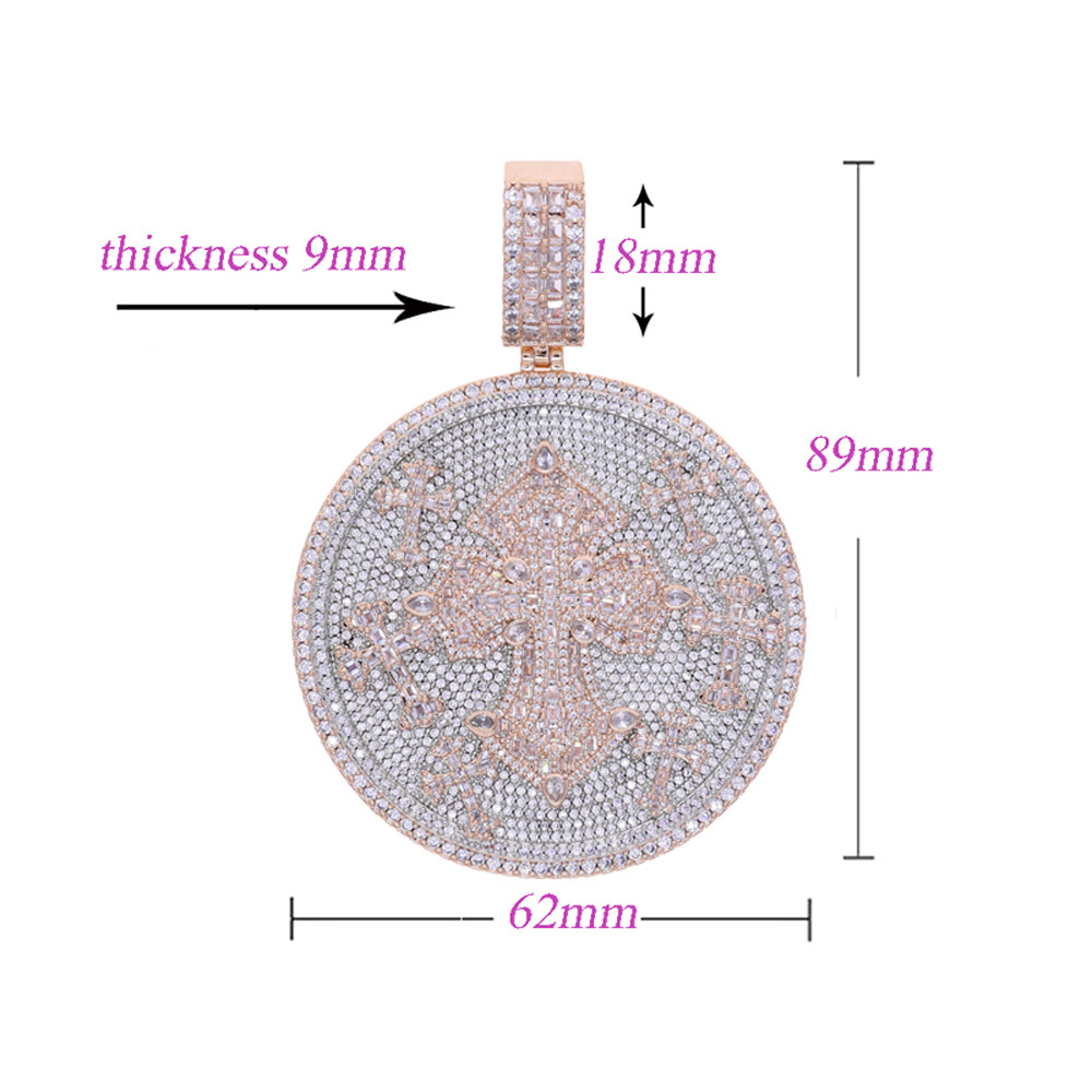 Hip Hop Cross Big Disc Pendant Necklace 5A Zircon Jewelry with 12mm Cuban Chain