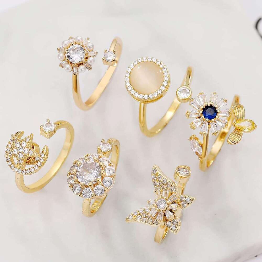 6Pcs 14K Gold Plated Women, Adjustable Spinner Ring, CZ Butterfly Bee Moon Star Fidget Rings Anxiety Stress Relief for Women
