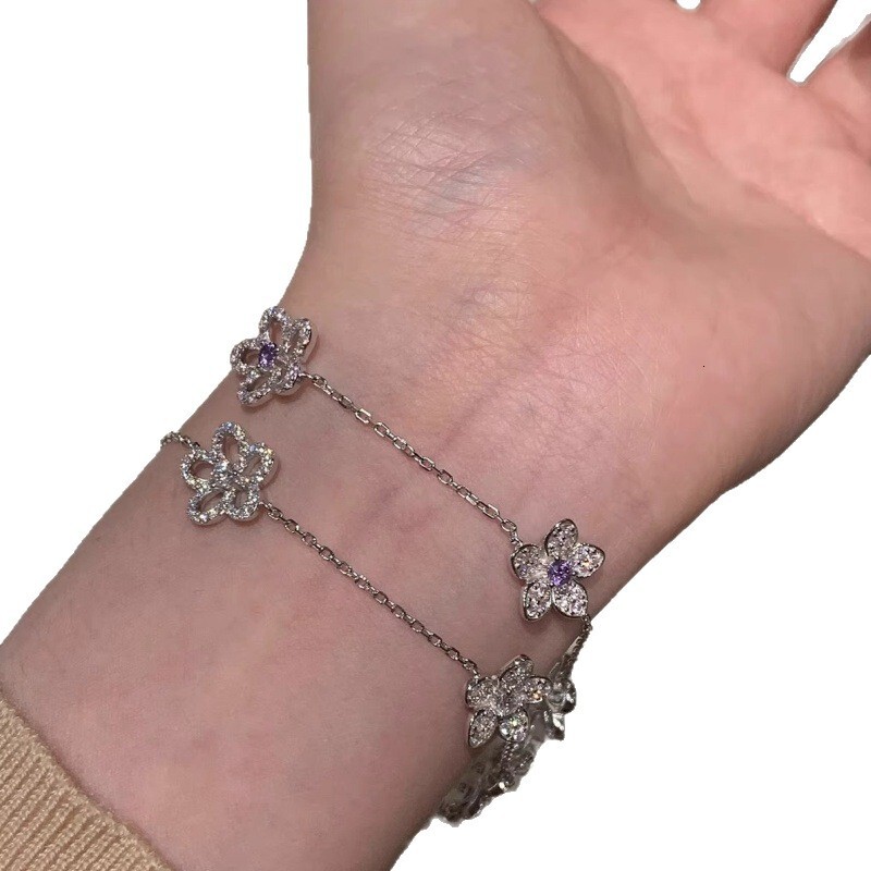Luxury Brand Designer Jewelry Luxurious Full Diamond Violet Hollow Flower Bracelet For Women, Elegant And Exquisite High-End Jewelry Wholesale
