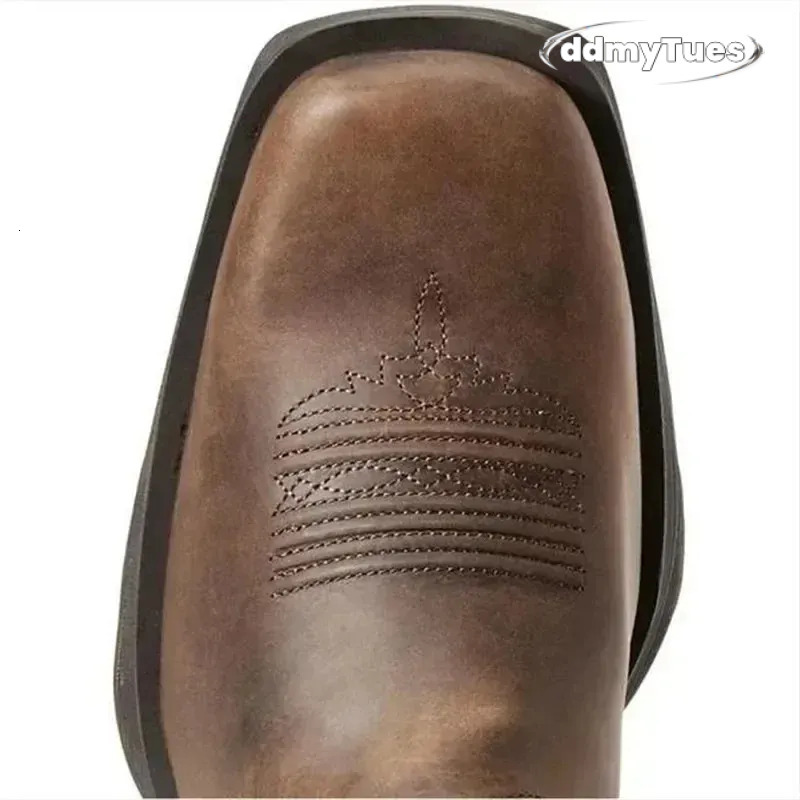 Men Square Toe Thick Heel Mid-Tube Knight Retro Distressed Western Vintage Flag Shoes Leather Boots 240612 241118 TUES