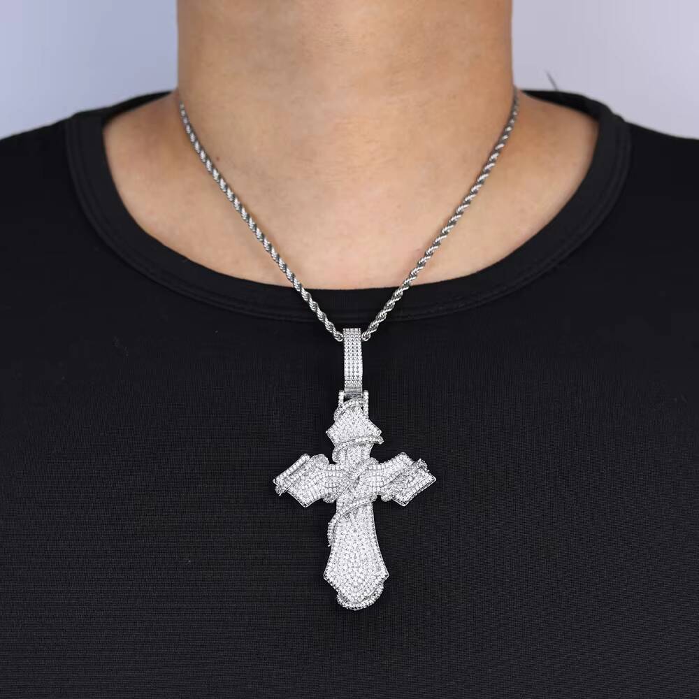 Men's Hip Hop 5A Moissanite Cross Pendant Necklace 925 Silver White Gold Jewelry for Wedding Engagement