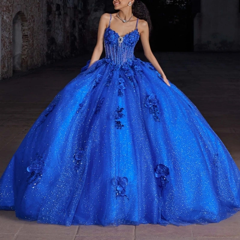 Royal Blue Shiny Quinceanera Dresses Ball Gown Spaghetti Strap Applique Flower Beads Bow Tull Sweet 16 Dress Vestidos 15 De Anos