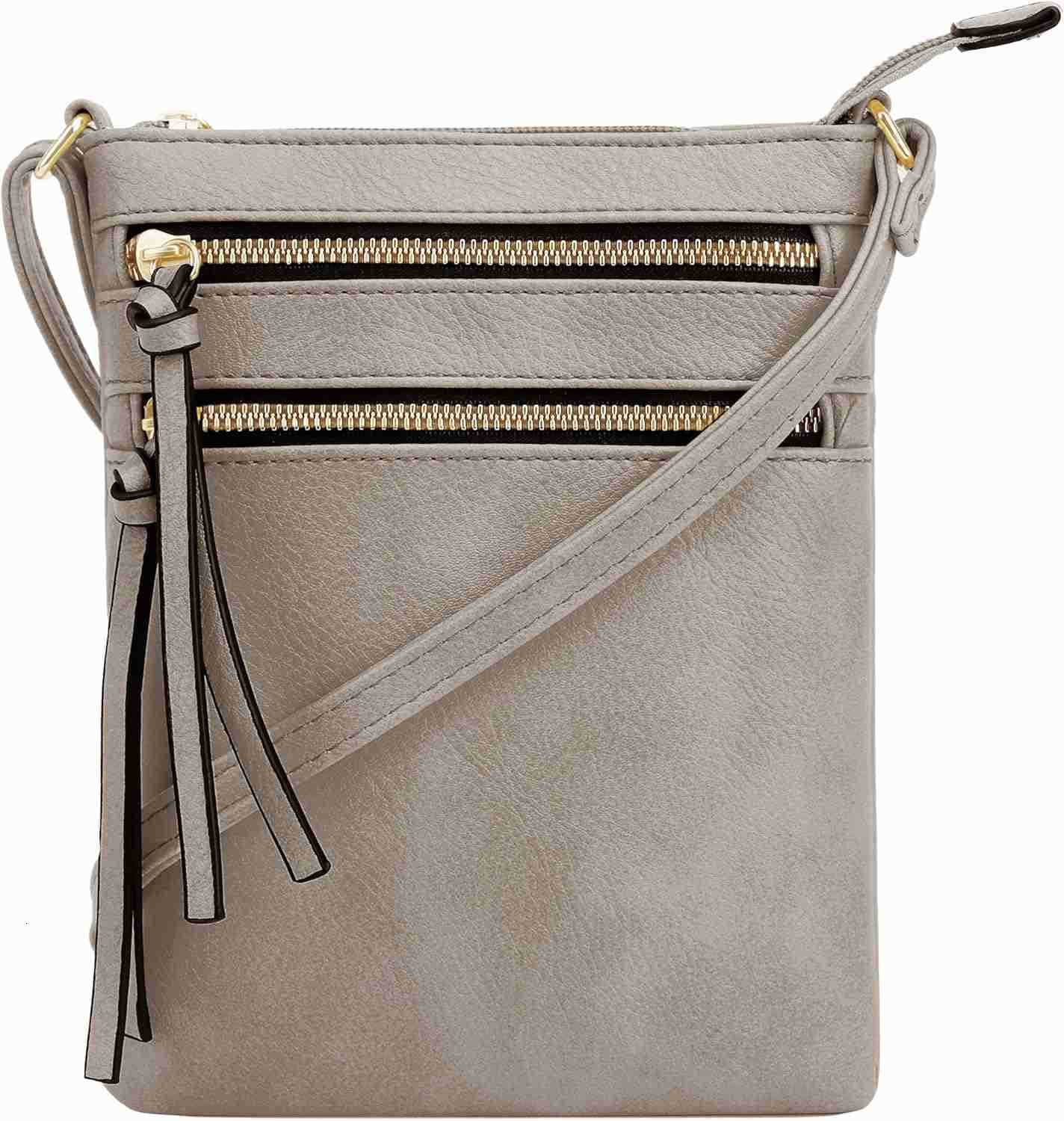 Crossbody Purse Bag Functional Multi Pocket Double Zipper Purse Adjustable Strap Medium Size Purse TaupeW250911