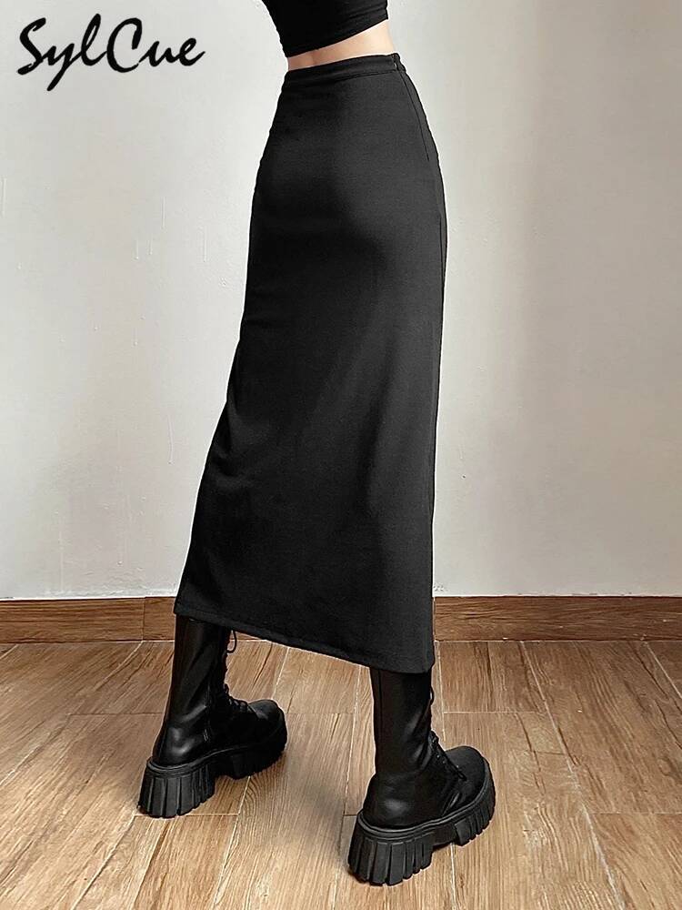 Nibber Black Sexy Split Simple Casual All-Match Hot Street Outing Cool Mature Vitality Personality Trend Basic Women'S Skirt dongdumaoyi
