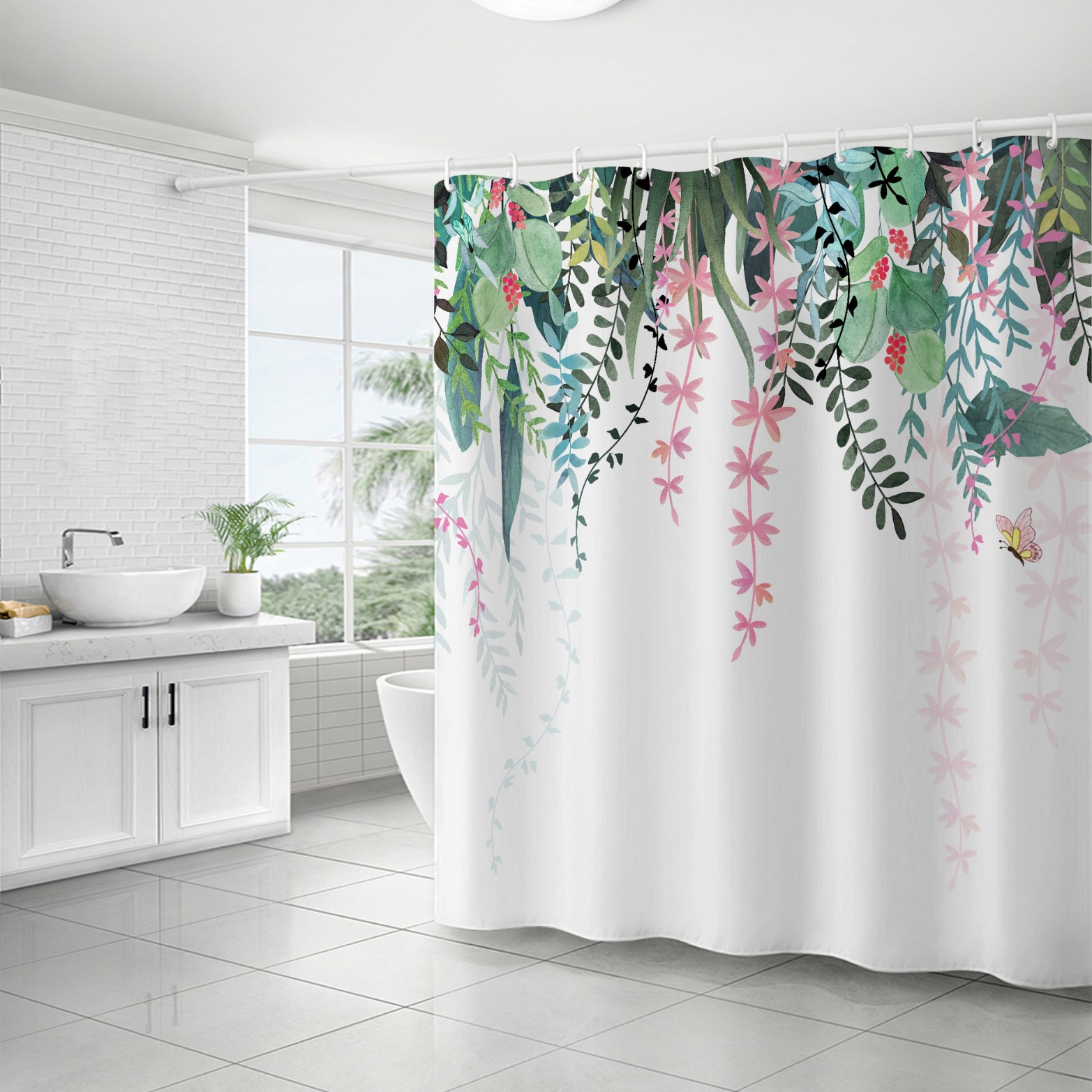 YL-37157 digital shower curtain cross-border plant flower waterproof polyester bathroom four-piece set dry and wet separation moisture-proof