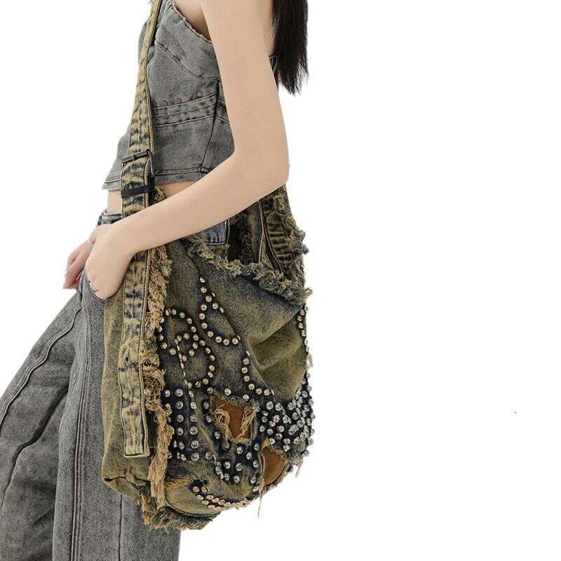 2025 Denim American Fashion Rivet Design Crossbody Bag