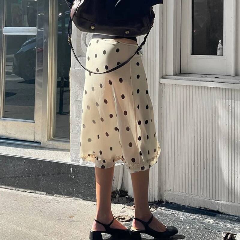 IAMHOTTY Dot Print Midi-calf Skirt Y2K Aesthetic Low Waist Straight French Style Ruched Edge Hem Pencil Skirts Chic Women dongdumaoyi