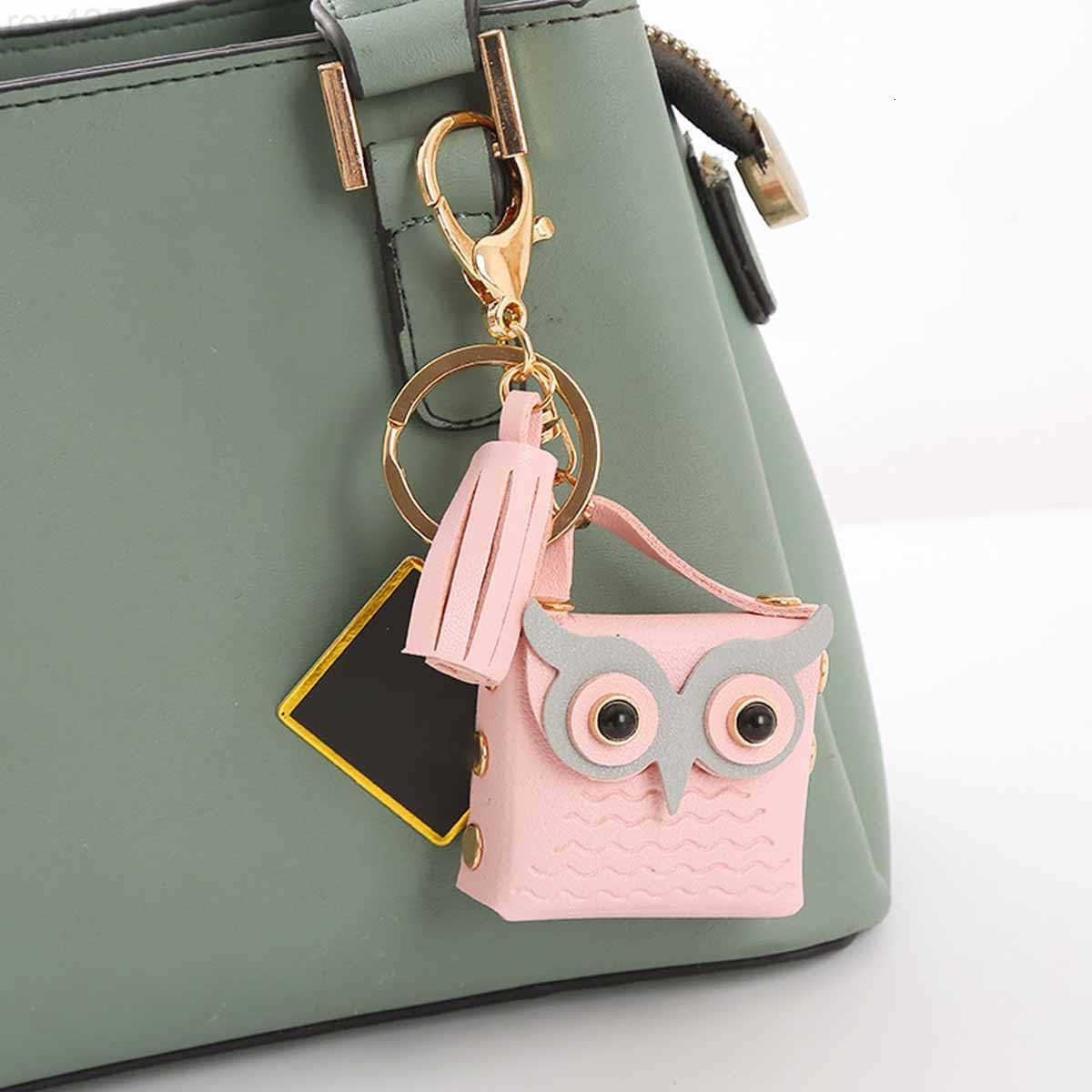 4 PCS Owl Mini Backpack Keychain PU Leather Owl Key Chain Cute Tassel Keyring Metal Snap Button Change Wallet Bags for Women Girl Small Cosmetic Bag D