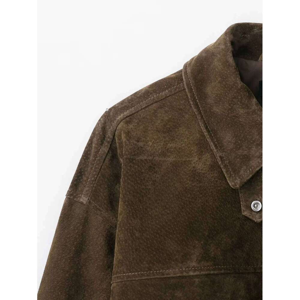 2025 Spring Autumn Vintage High Street Topsfashion Loose Khaki Suede Jacket Women Lapel Zipper Long Sleeve Pockets Coat Female