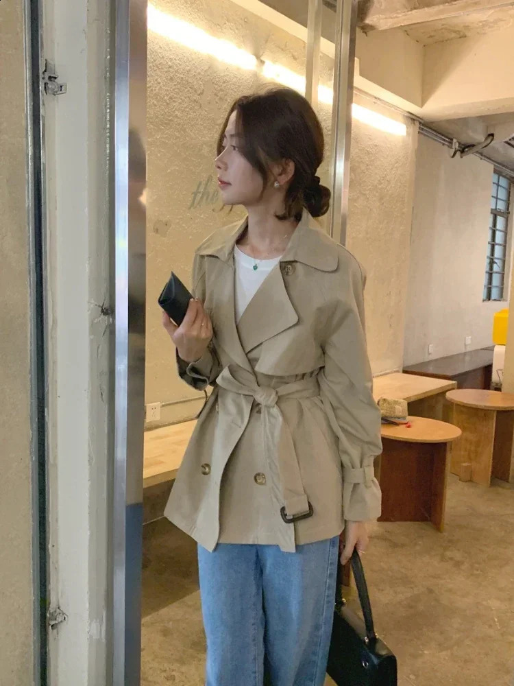 SpringAutumn Korean Fashion Waist Slimming Lace Up Jacket for Women Double Breasted Mid Length Trench Coat Clothing 250911