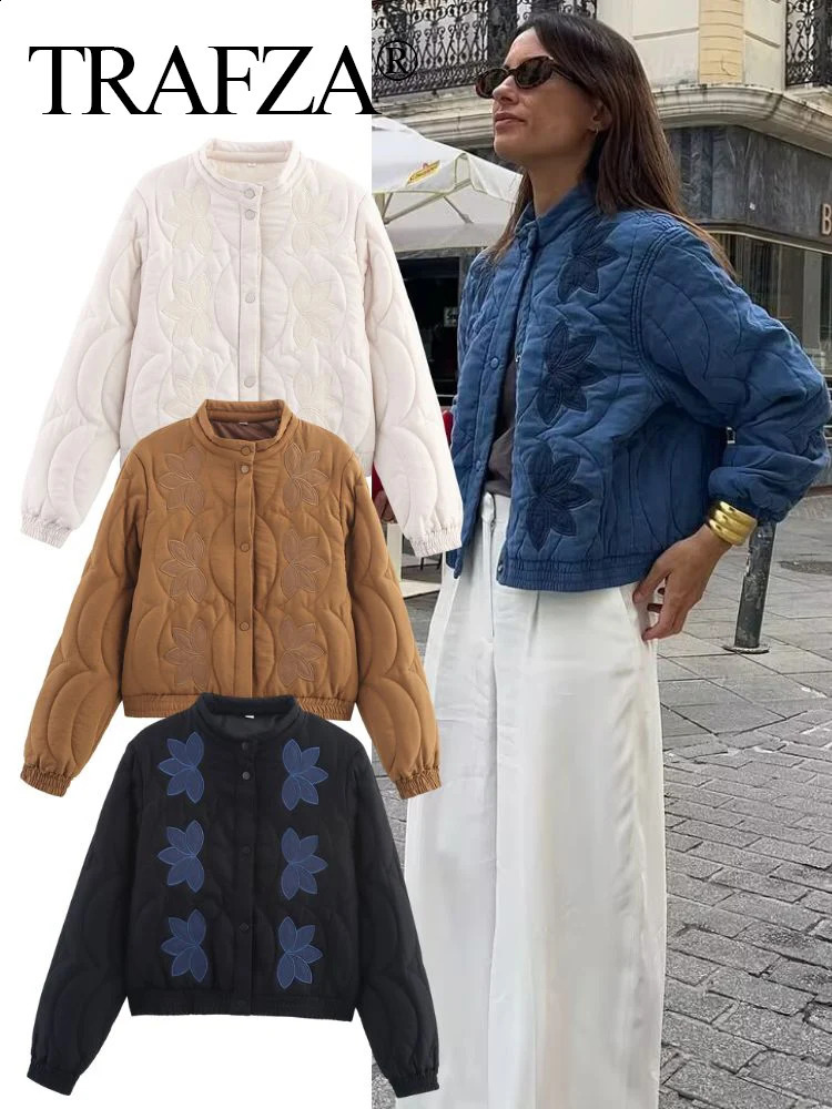TRAFZA Fashion Women Quilted Cotton Jacket Autumn Female Long Sleeve y Padded Short Coats Lady High Street Outwear 250911