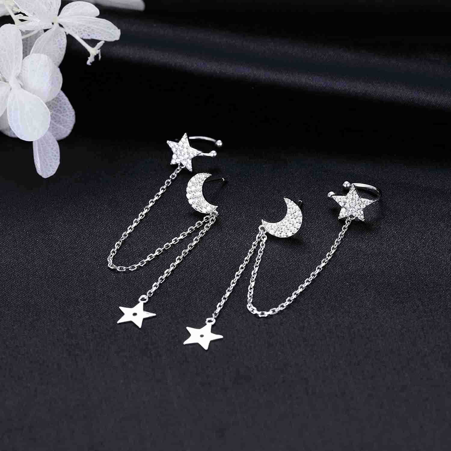 925 Sterling Silver Cuff Earrings Chain for Women Asymmetric Star Moon Earrings Crawler Dangling ChainW250911