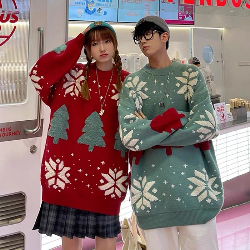 Festive Pair of Comfortable Deer Print Sweaters Ideal for Chilly Weather Matching Outfits for Him/Her