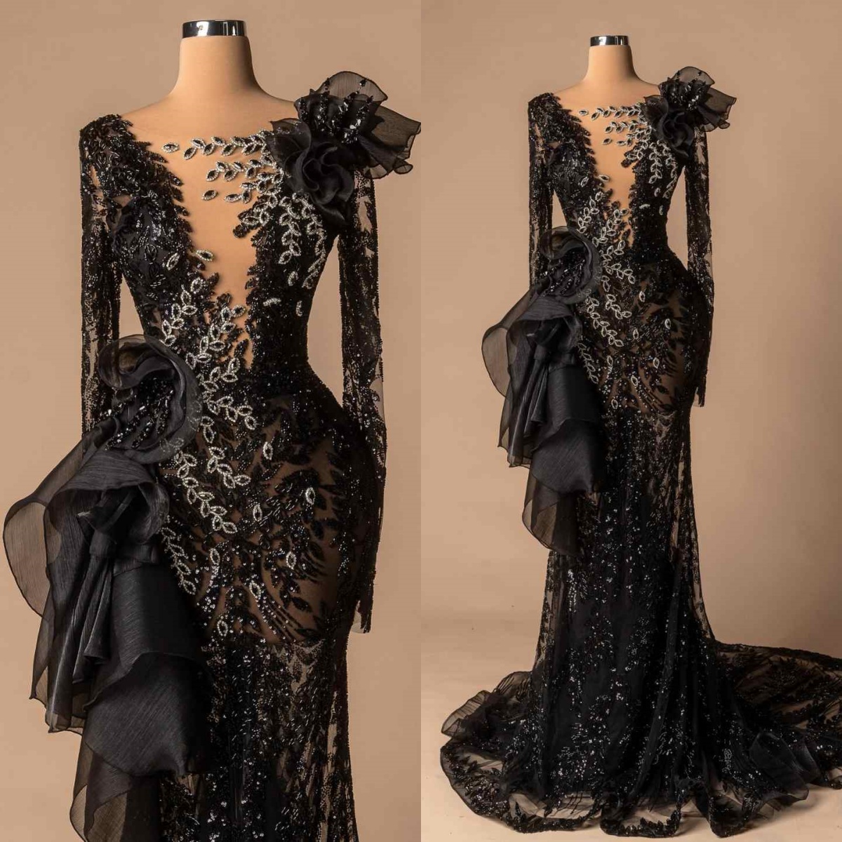 Glamorous Sequins Lace Long Sleeve Mermaid Evening Dresses Sweep Train Crystals Beading Formal Occasion Customized Dresses