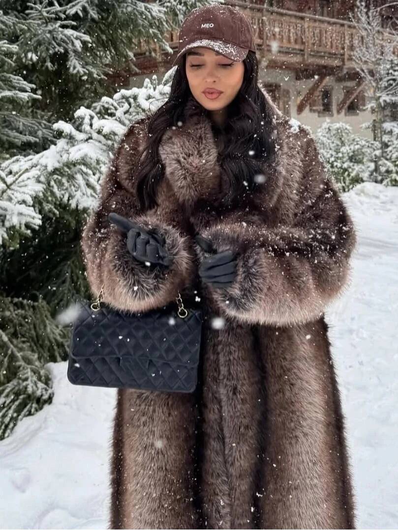 Women's Casual Lapel Faux Fur Long Coat Loose Solid Color Full Sleeve Furry Jackets Ladies Fashion Winter Warm Streerwear Coats
