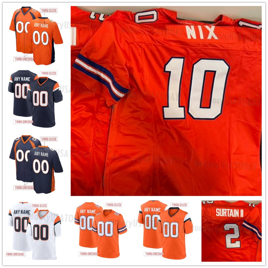 10 Bo Nix 2025 Personalized Orange/Navy/White Football Jersey 2 Patrick Surtain II John Elway Bonitto Bailey Dobbins Barron Custom Nom and Number Stitched Polyester
