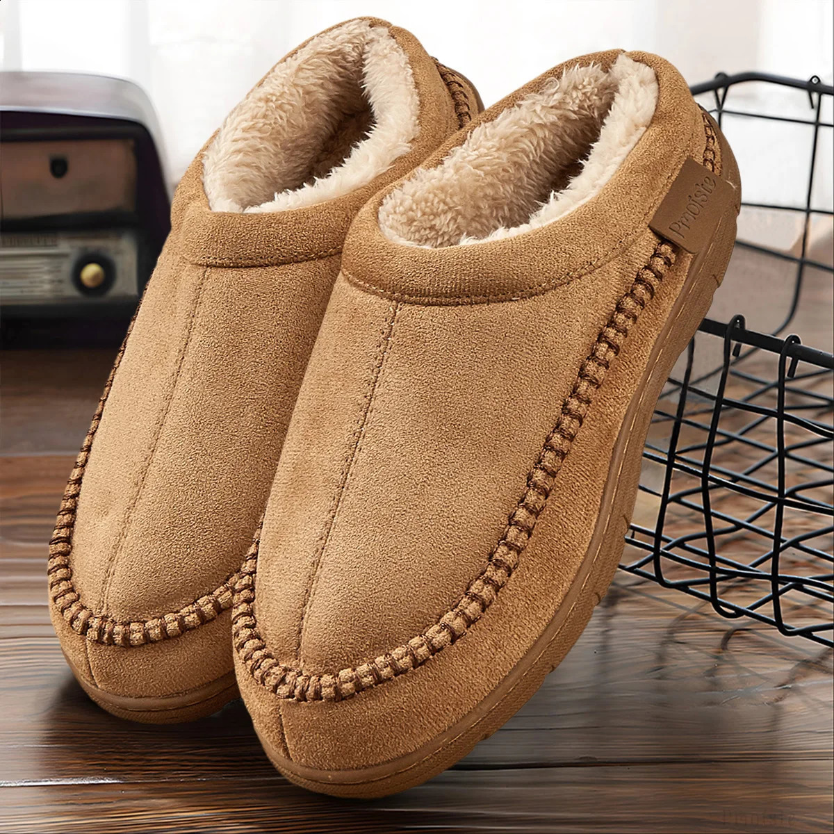 Winter Mens Slippers Memory Foam Plush Warm Cozy Vintage House Shoes Suede Sewing er Casual Slipper IndoorOutdoor250906