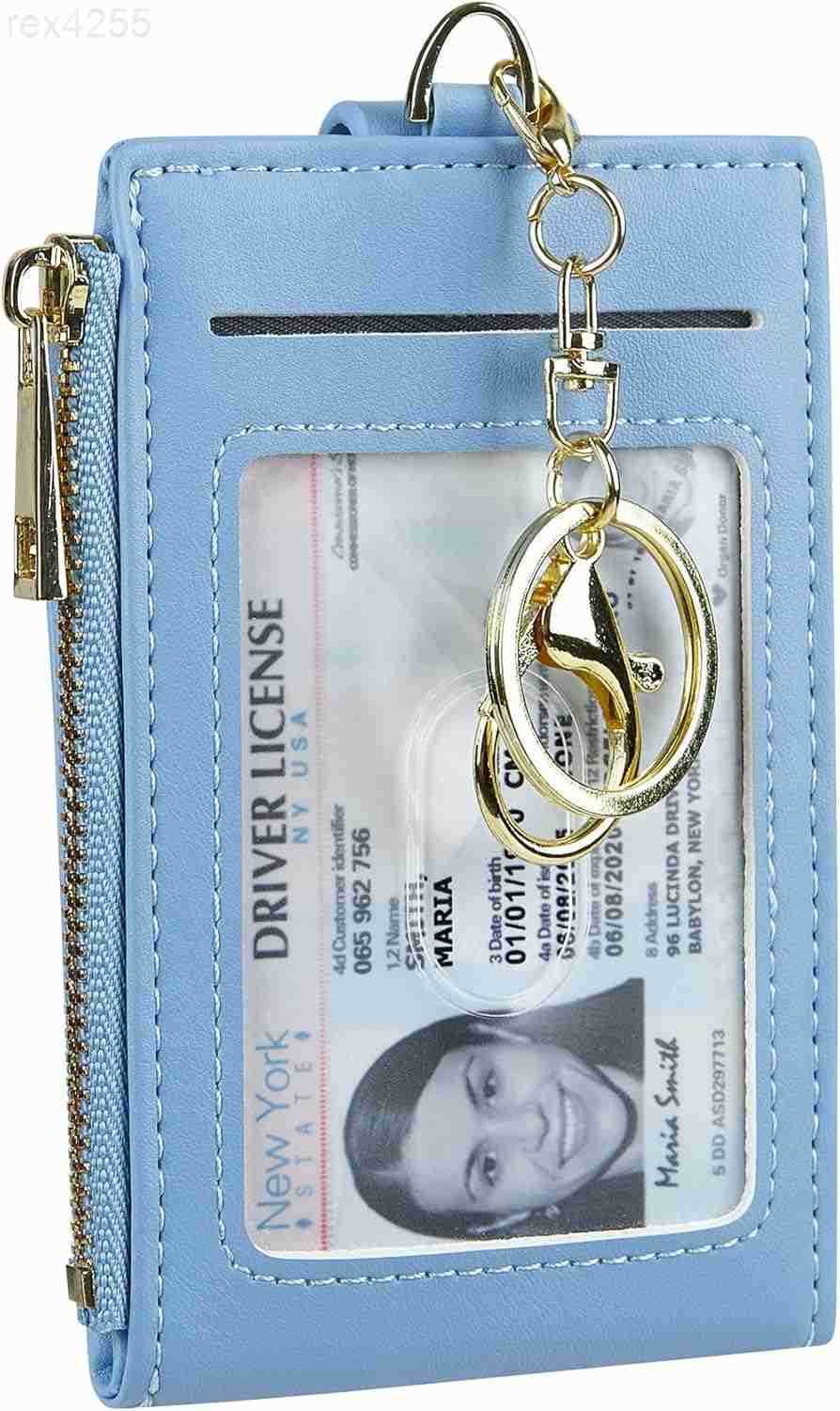 Women Leather RFID Blocking Card Holder Slim Small Zipper Keychain Front Pocket Wallet with 2 ID WindowW250910