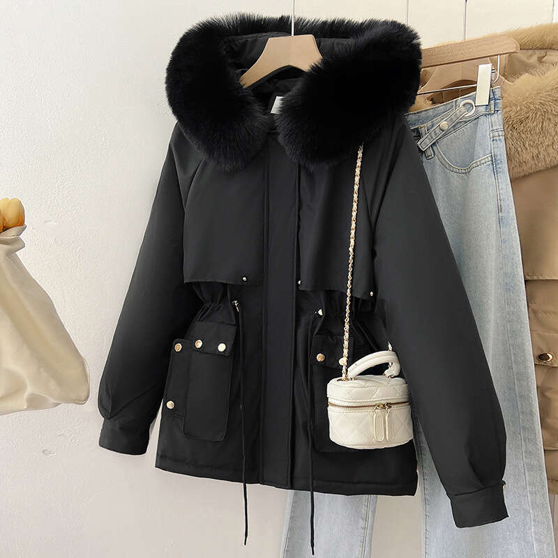 Padded Thickened Parka for Women Winter New Korean Style Coat with Large Fur Collar Short Hooded Cotton Jacket