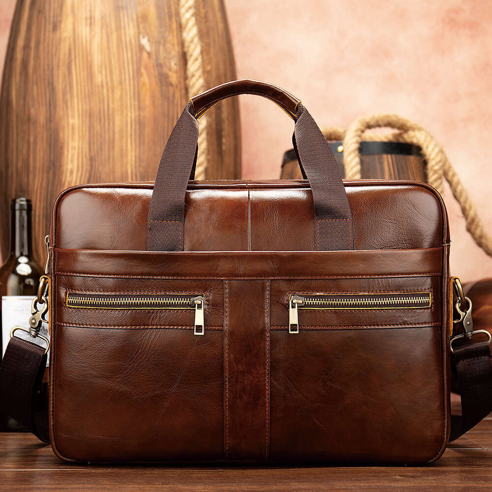 14-inch Laptop Genuine Leather Briefcase Men's Handheld Shoulder Business Bag