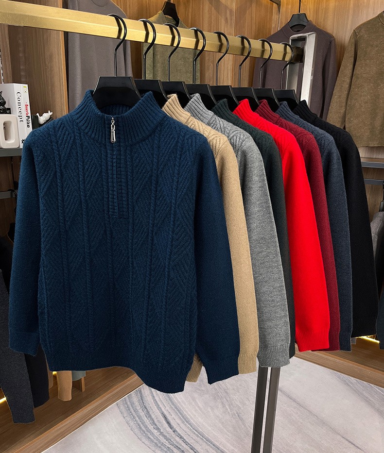 Men's Mid-Age & Young Adult Half-Zip Sweater - Winter Thickened, Warm, Business-Casual Pullover Base Layer Knitwear