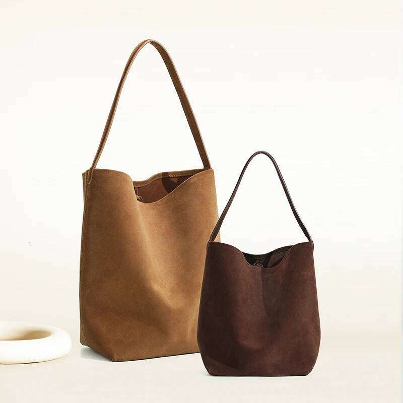 Frosted Cowhide Vintage Women's Large Capacity Suede Fashion Bucket Shoulder Bag Solid Color Simple Casual Commuter Bags