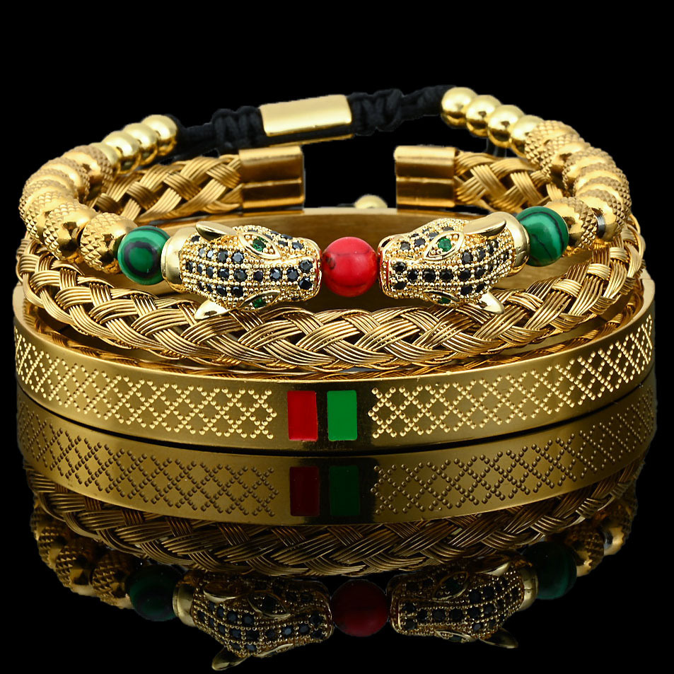 Luxury Brand Designer Jewelry Stainless Steel Double Leopard Head Natural Stone Braided Bracelet Fashion C-Shaped Titanium Steel Bracelet Set for Wome