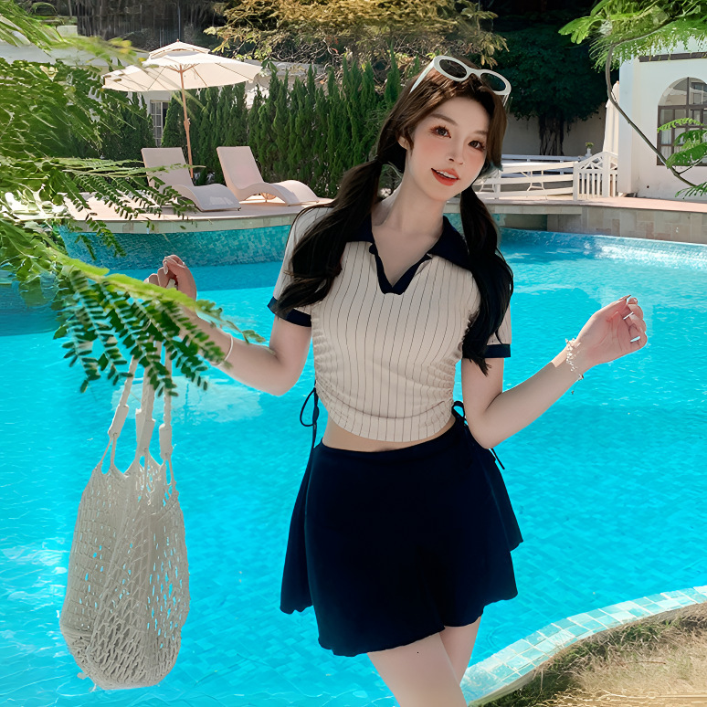 2025 New Women's Two-Piece Slimming Covering Student College Style Skirt Short Sleeve Cute Swimsuit Set