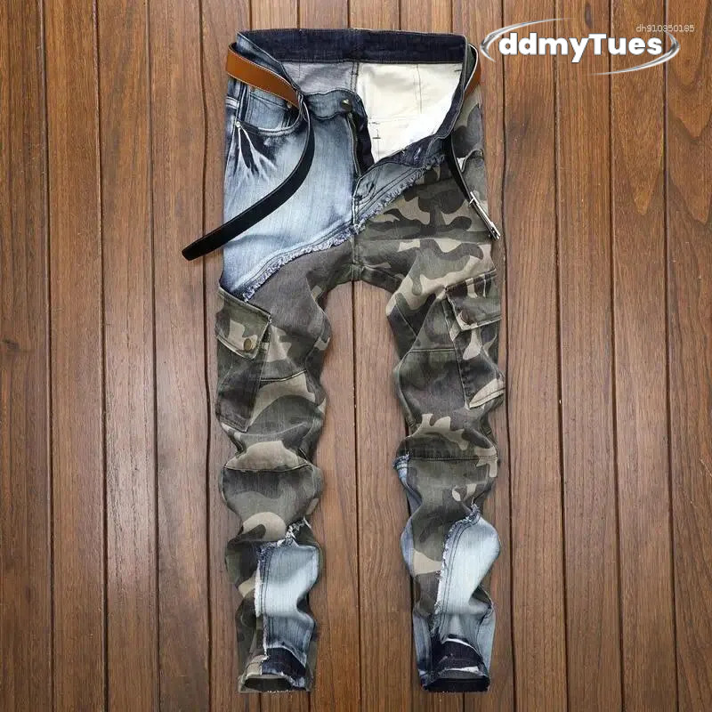 Men's Jeans Patchwork Fashion Retro Slim Fit Elastic Pencil Pants Male Denim Camouflage Cowboy Long Trousers TUES