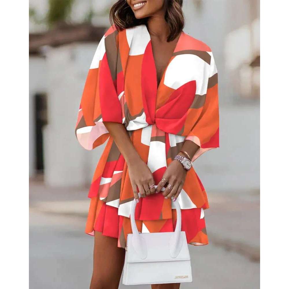 2025 New Autumn V-neck Loose Batwing Sleeve Printed Dress for Women